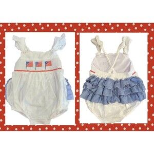 Everyday Heirloom 2/3 July 4 America Flag Patriotic Seersucker Smocked Bubble